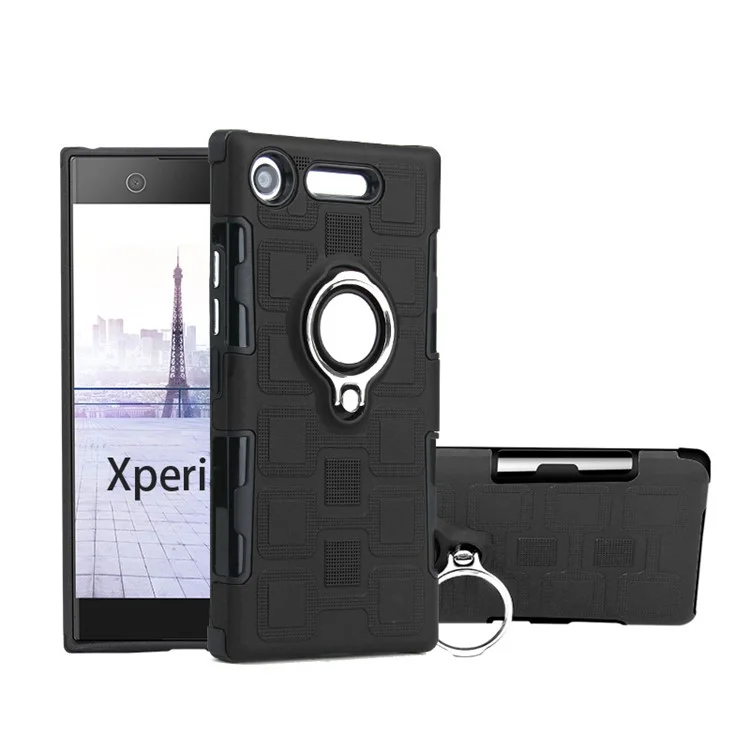 Geometric Design TPU PC Magnetic Car Mount Ring Holder Cover for Sony Xperia XZ1 - Black