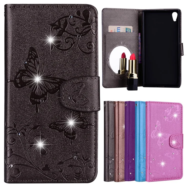 Imprinted Butterfly Flower Pattern Rhinestone PU Leather Wallet Phone Case for Sony Xperia L1 - Black
