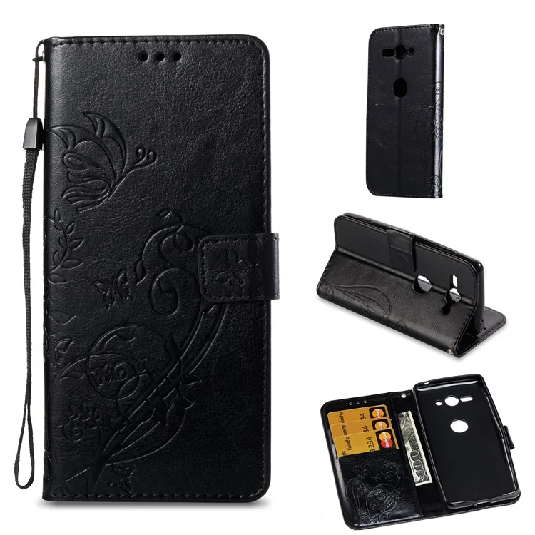 3D Effect Imprint Butterfly Flowers PU Leather Wallet Stand Case for Sony Xperia XZ2 Compact - Black