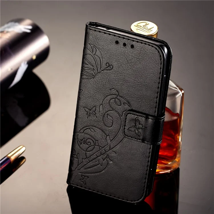 3D Effect Imprint Butterfly Flowers PU Leather Wallet Stand Case for Sony Xperia XZ2 Compact - Black