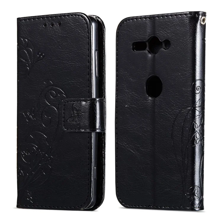 3D Effect Imprint Butterfly Flowers PU Leather Wallet Stand Case for Sony Xperia XZ2 Compact - Black