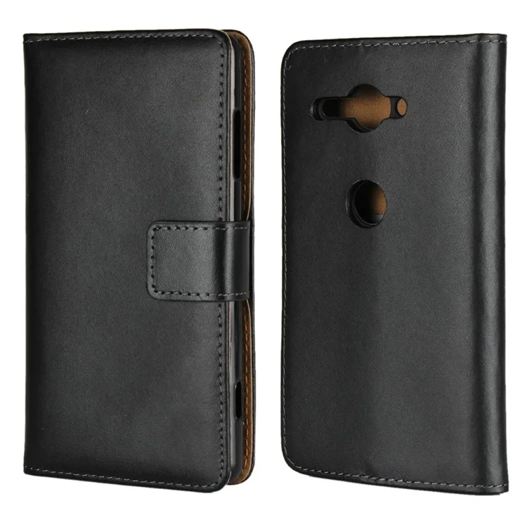 Genuine Leather Wallet Stand Phone Case for Sony Xperia XZ2 Compact - Black