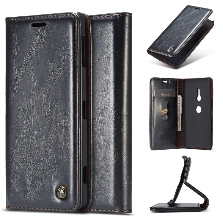 CASEME Oil Wax Leather Wallet Cover Shell with Stand for Sony Xperia XZ2 - Black