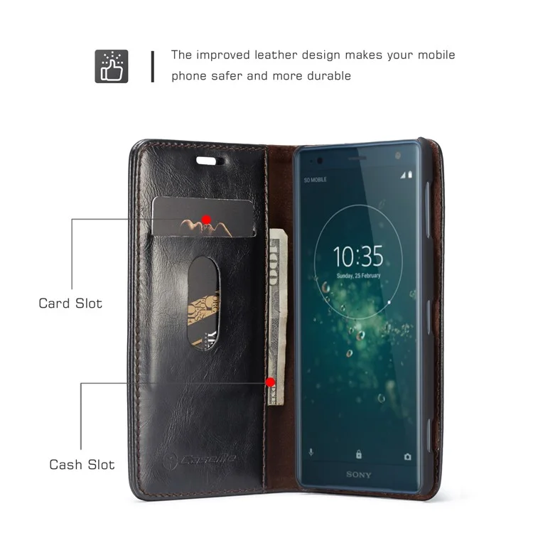 CASEME Oil Wax Leather Wallet Cover Shell with Stand for Sony Xperia XZ2 - Black
