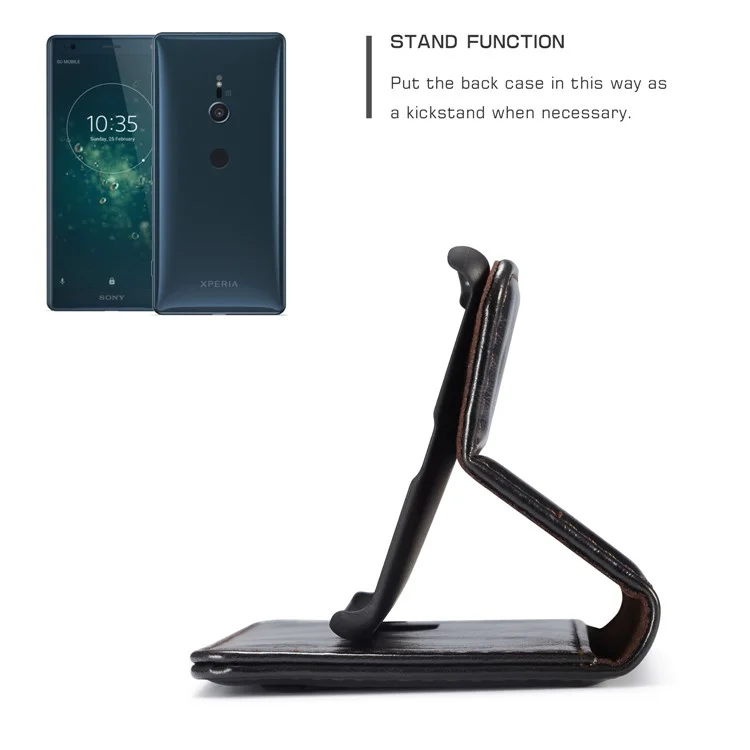 CASEME Oil Wax Leather Wallet Cover Shell with Stand for Sony Xperia XZ2 - Black