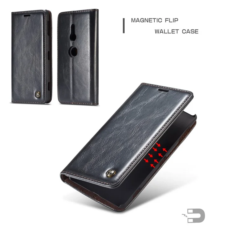 CASEME Oil Wax Leather Wallet Cover Shell with Stand for Sony Xperia XZ2 - Black