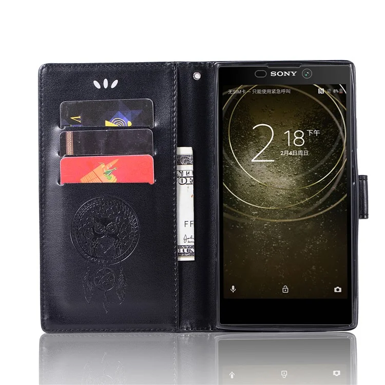 Imprint Owl Dream Catcher Wallet Stand Leather Case for Sony Xperia L2 - Black