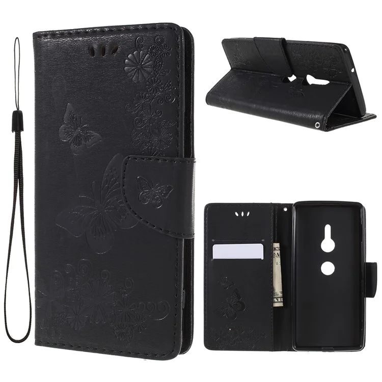 Imprint Butterfly Flowers Leather Stand Wallet Folio Case for Sony Xperia XZ2 - Black