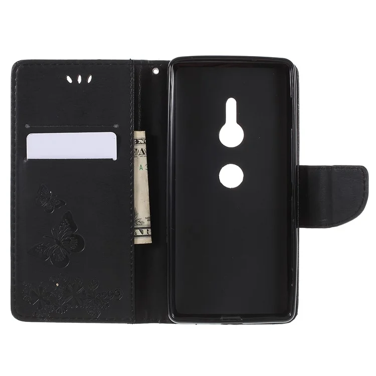 Imprint Butterfly Flowers Leather Stand Wallet Folio Case for Sony Xperia XZ2 - Black