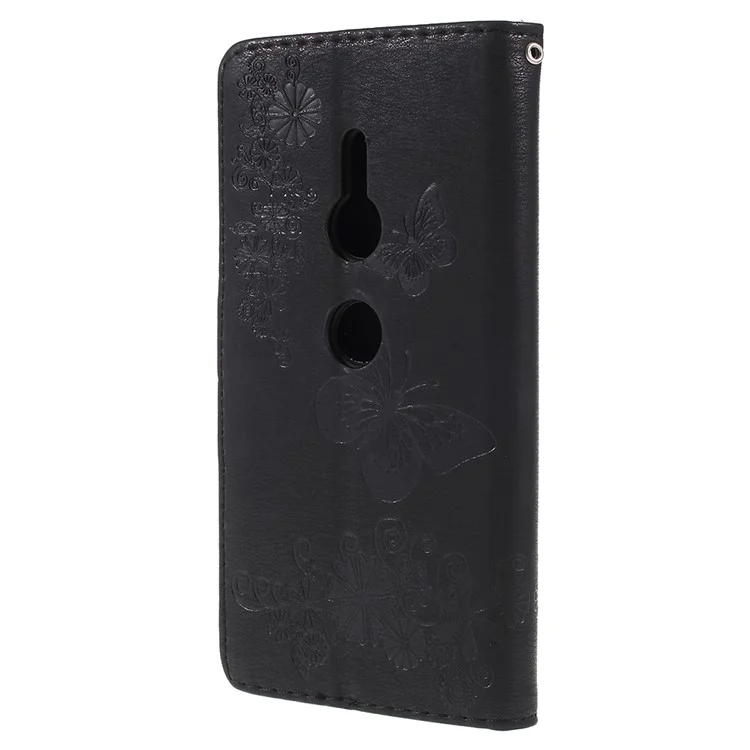 Imprint Butterfly Flowers Leather Stand Wallet Folio Case for Sony Xperia XZ2 - Black