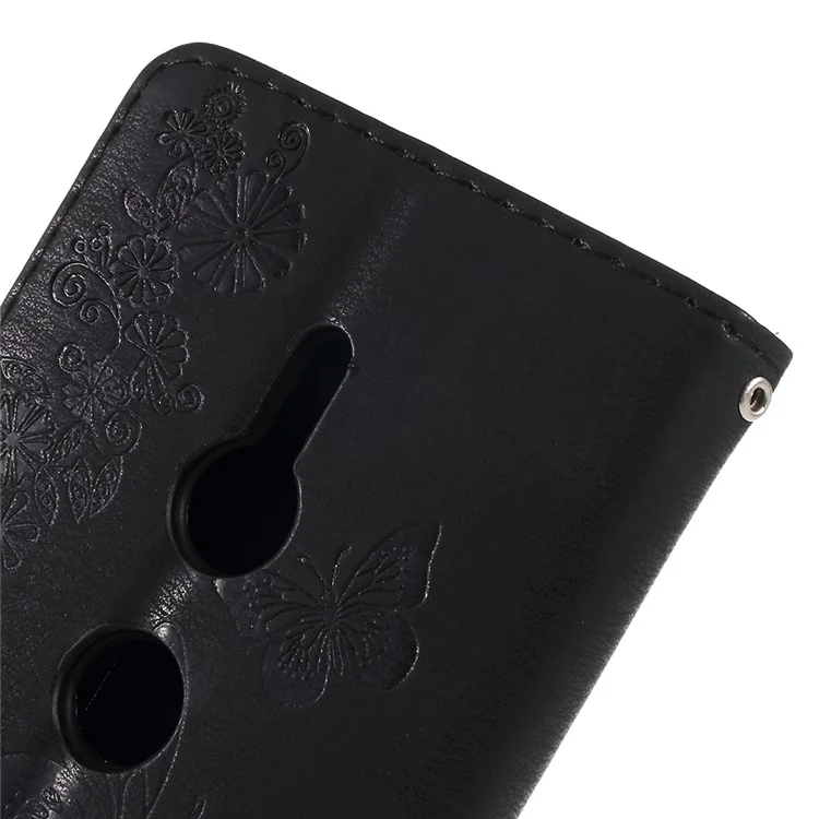 Imprint Butterfly Flowers Leather Stand Wallet Folio Case for Sony Xperia XZ2 - Black