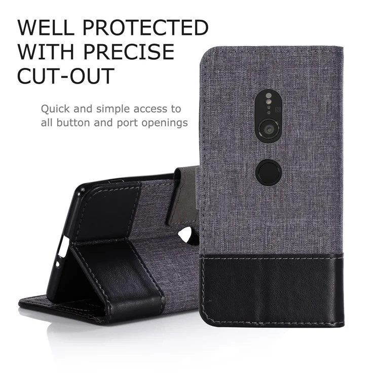 MUXMA PU Leather Canvas Splicing Wallet Stand Case for Sony Xperia XZ2 - Black