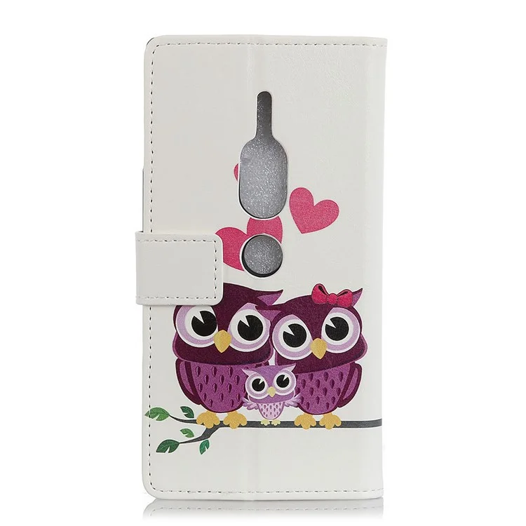 Pattern Printing Leather Wallet Case for Sony Xperia XZ2 Premium - Owls and Hearts