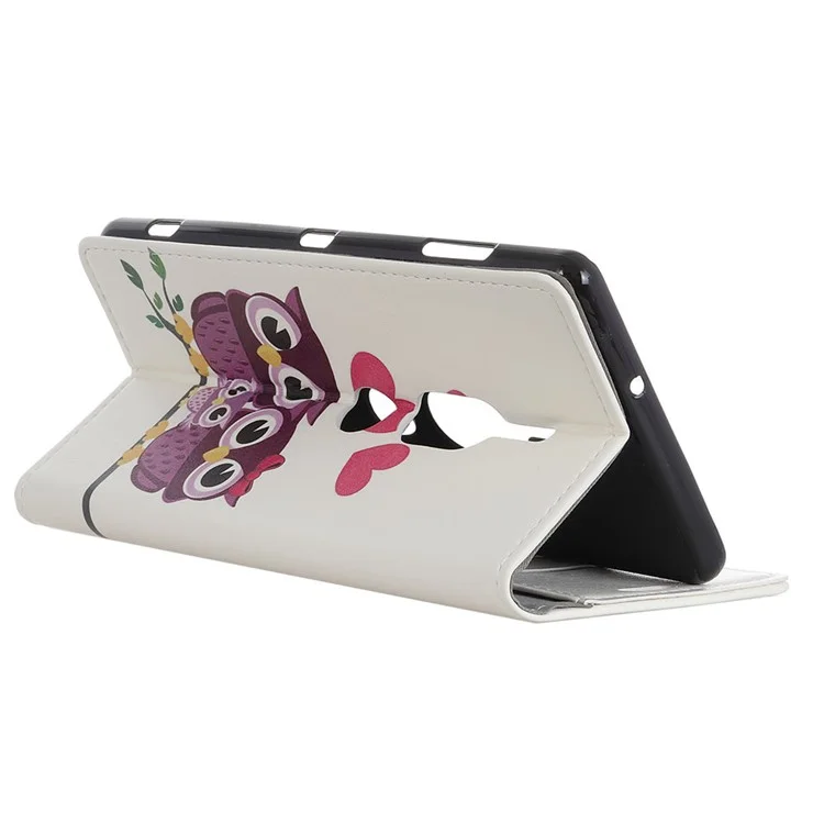 Pattern Printing Leather Wallet Case for Sony Xperia XZ2 Premium - Owls and Hearts