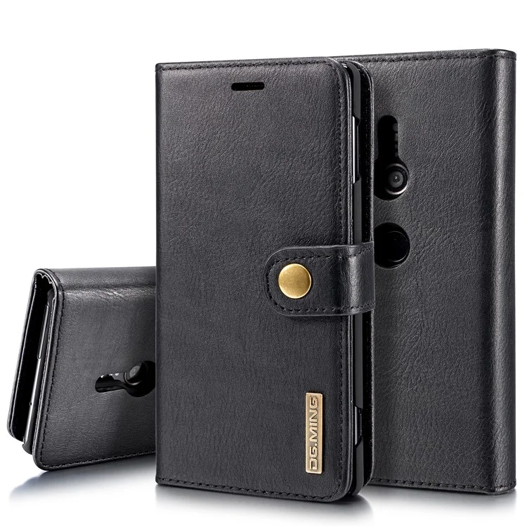 DG.MING Detachable 2-in-1 Split Leather Wallet Shell + PC Back Case for Sony Xperia XZ2 - Black