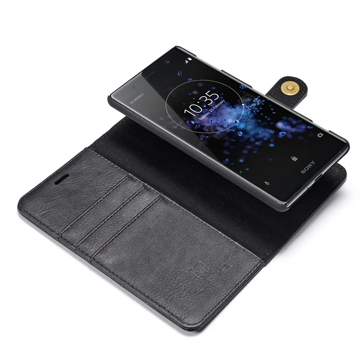 DG.MING Detachable 2-in-1 Split Leather Wallet Shell + PC Back Case for Sony Xperia XZ2 - Black