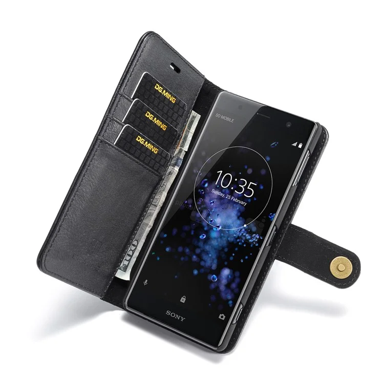 DG.MING Detachable 2-in-1 Split Leather Wallet Shell + PC Back Case for Sony Xperia XZ2 - Black