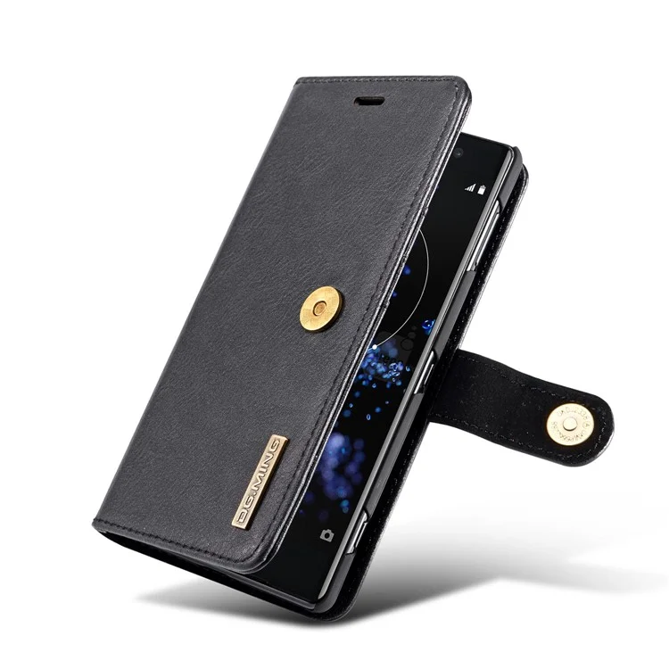 DG.MING Detachable 2-in-1 Split Leather Wallet Shell + PC Back Case for Sony Xperia XZ2 - Black