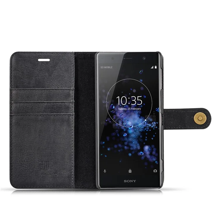 DG.MING Detachable 2-in-1 Split Leather Wallet Shell + PC Back Case for Sony Xperia XZ2 - Black