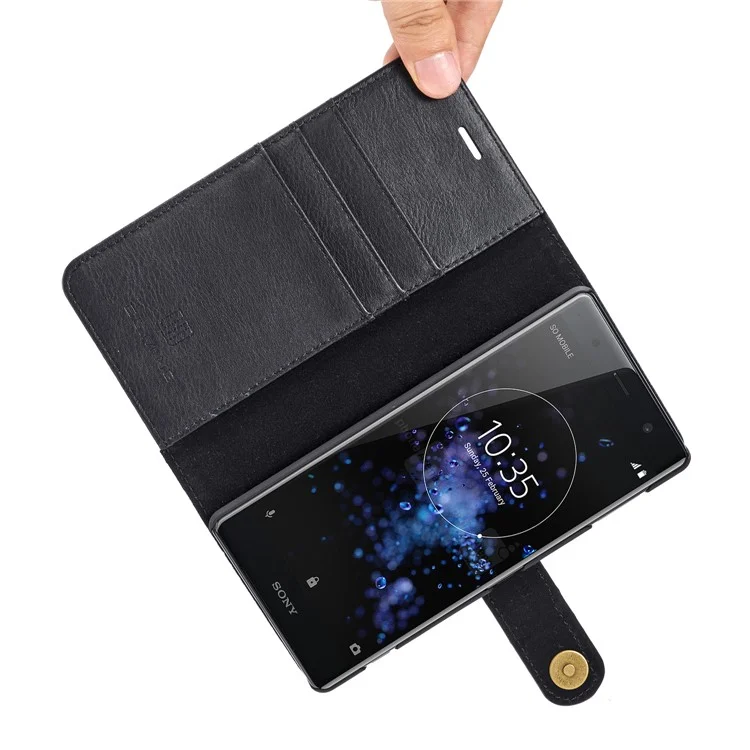DG.MING Detachable 2-in-1 Split Leather Wallet Shell + PC Back Case for Sony Xperia XZ2 - Black