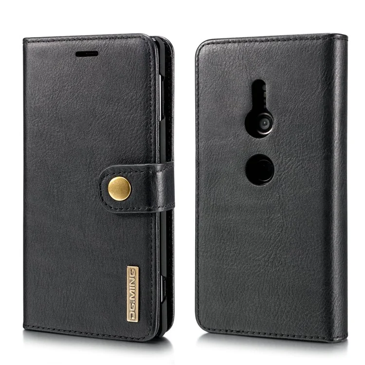 DG.MING Detachable 2-in-1 Split Leather Wallet Shell + PC Back Case for Sony Xperia XZ2 - Black