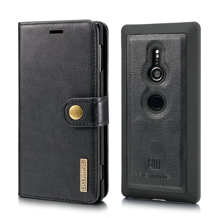 DG.MING Detachable 2-in-1 Split Leather Wallet Shell + PC Back Case for Sony Xperia XZ2 - Black