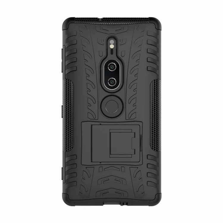 2-in-1 Tyre Pattern Kickstand PC + TPU Hybrid Case for Sony Xperia XZ2 Premium - Black