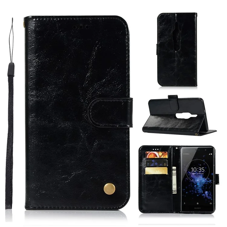 Premium Vintage Leather Wallet Case for Sony Xperia XZ2 Premium - Black