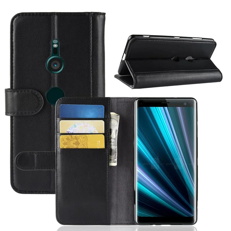 For Sony Xperia XZ3 Phone Cases Genuine Split Leather Wallet Mobile Cover Stand - Black