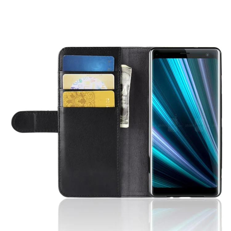 For Sony Xperia XZ3 Phone Cases Genuine Split Leather Wallet Mobile Cover Stand - Black