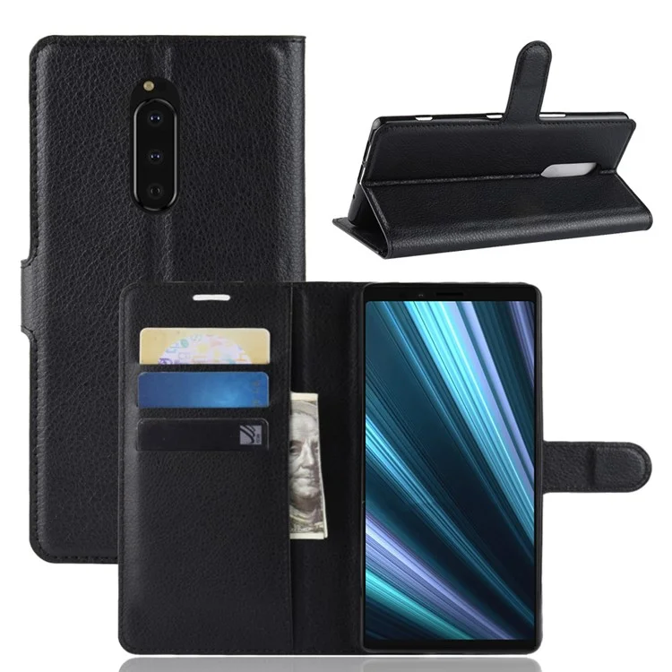Litchi Skin PU Leather Magnetic Wallet Stand Case para Sony Xperia 1 - Preto