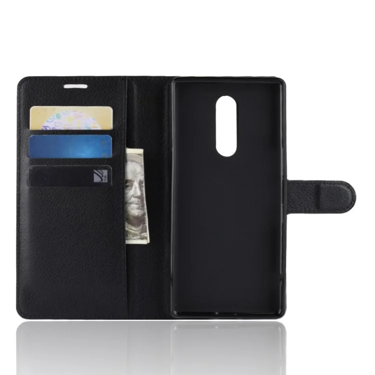 Litchi Skin PU Leather Magnetic Wallet Stand Case para Sony Xperia 1 - Preto