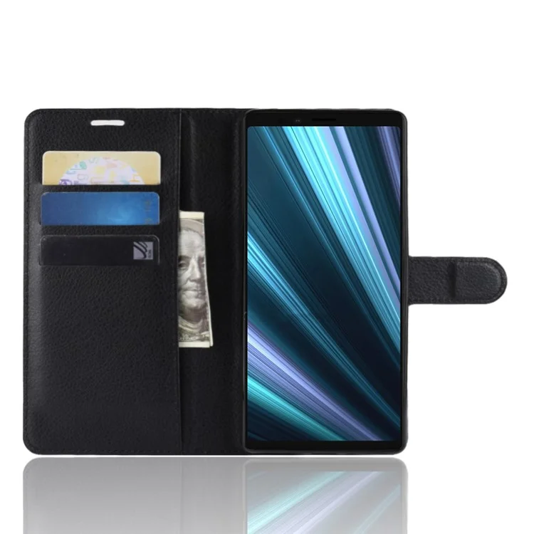 Litchi Skin PU Leather Magnetic Wallet Stand Case para Sony Xperia 1 - Preto