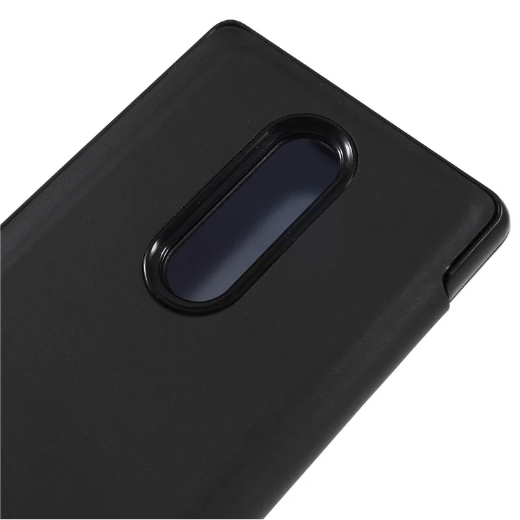 Electroplating Mirror Surface View Window Leather Stand Cover for Sony Xperia 1 - Black