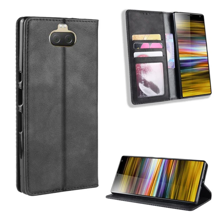 Vintage Style Leather Wallet Case for Sony Xperia 10 - Black