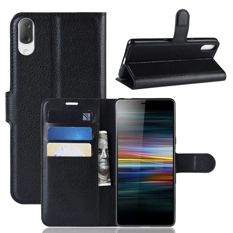 Pour Sony Xperia L3 Litchi Skin PU PU le Cuir Portefeuille Case de Protection - le Noir