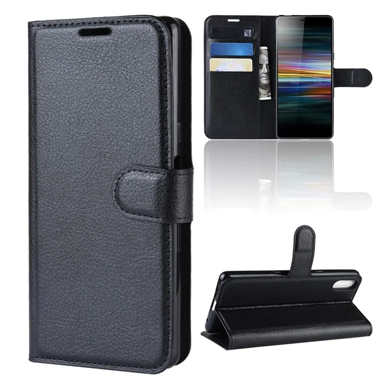 Para Sony Xperia L3 Litchi Skin PU Caso de Protección de la Billetera de Cuero - Negro