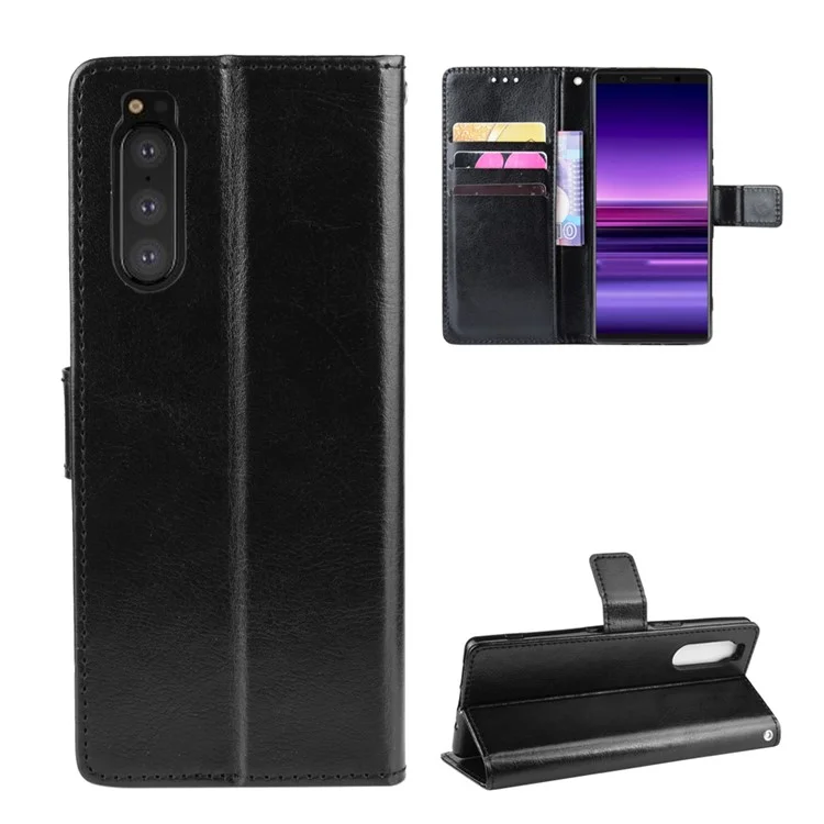 Crazy Horse Skin Leather Wallet Phone Shell for Sony Xperia 5 - Black