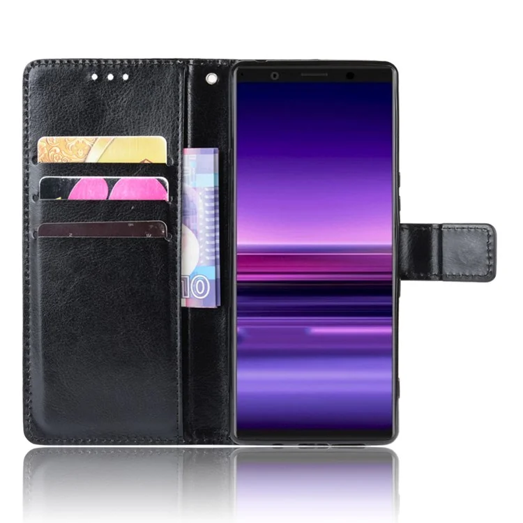 Crazy Horse Skin Leather Wallet Phone Shell for Sony Xperia 5 - Black