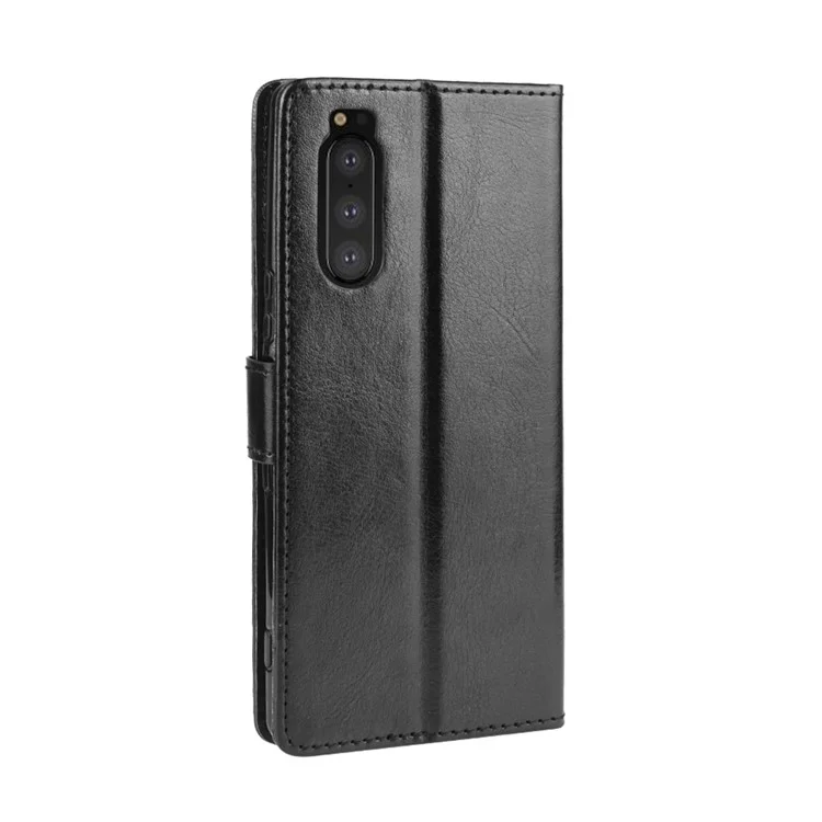 Crazy Horse Skin Leather Wallet Phone Shell for Sony Xperia 5 - Black