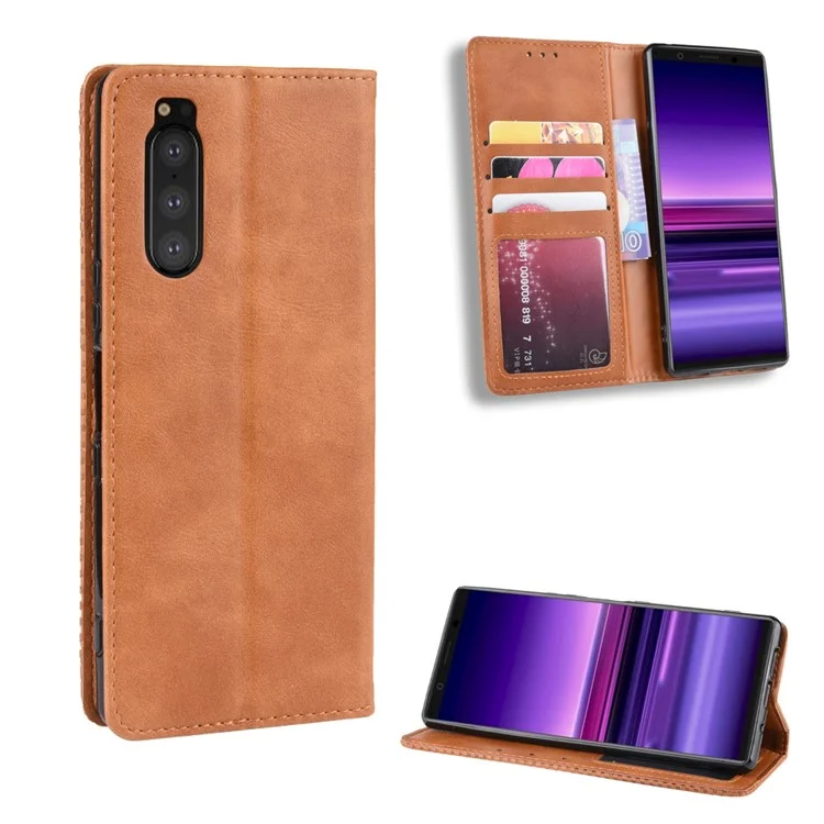 Auto-absorbed Retro Style Wallet Stand Leather Phone Cover for Sony Xperia 5 - Brown