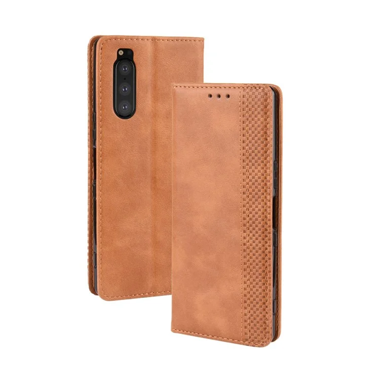 Auto-absorbed Retro Style Wallet Stand Leather Phone Cover for Sony Xperia 5 - Brown