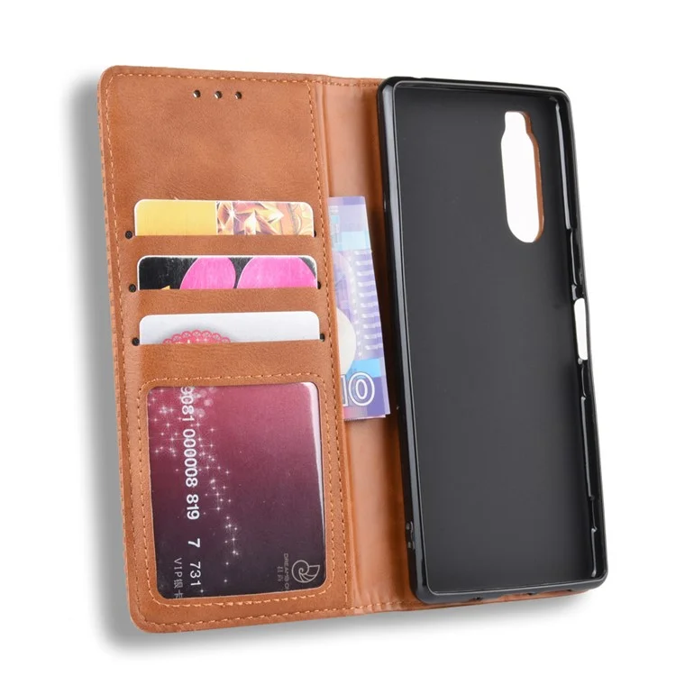 Auto-absorbed Retro Style Wallet Stand Leather Phone Cover for Sony Xperia 5 - Brown