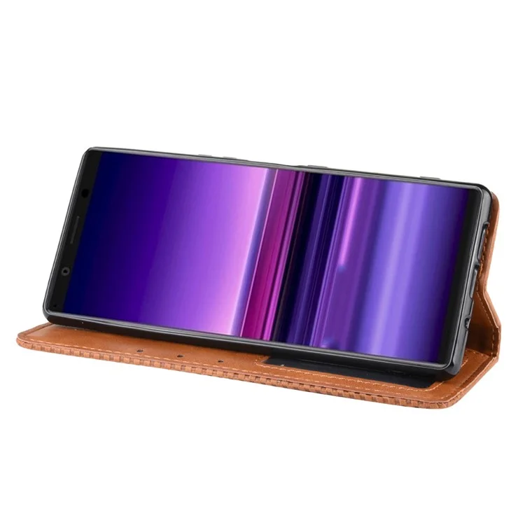 Auto-absorbed Retro Style Wallet Stand Leather Phone Cover for Sony Xperia 5 - Brown