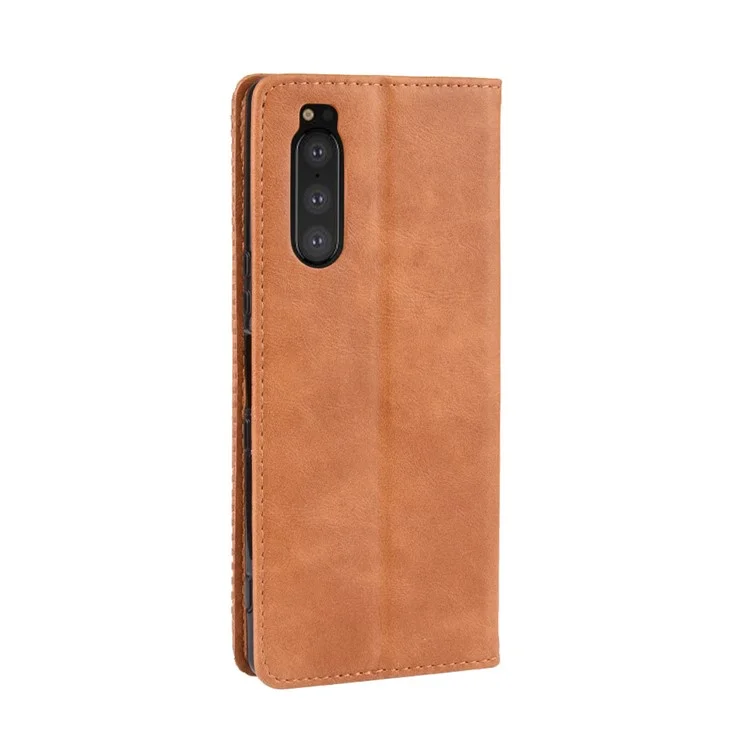 Auto-absorbed Retro Style Wallet Stand Leather Phone Cover for Sony Xperia 5 - Brown