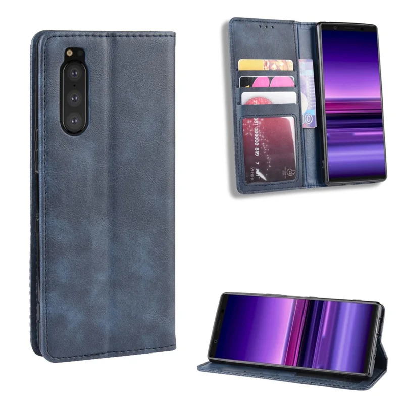 Automatycznie przyciągający retro futerał portfelowy ze stojakiem z korka dla Sony Xperia 5 - Niebieski