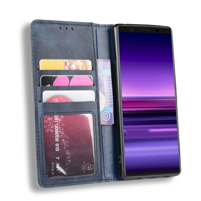 Automatycznie przyciągający retro futerał portfelowy ze stojakiem z korka dla Sony Xperia 5 - Niebieski