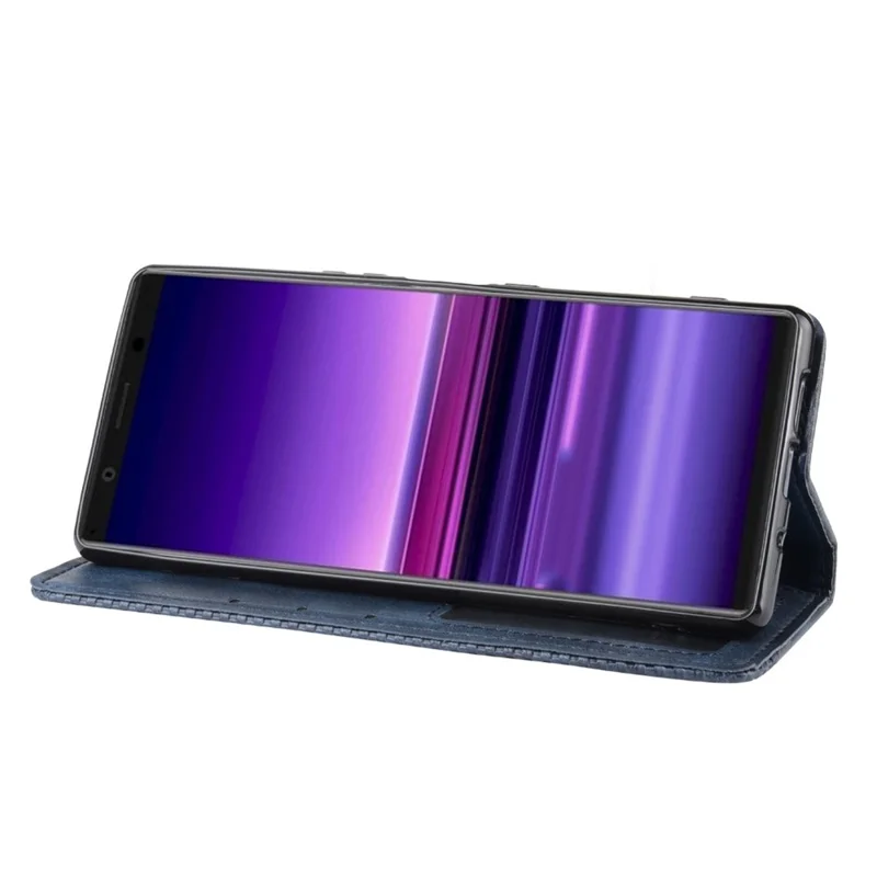 Automatycznie przyciągający retro futerał portfelowy ze stojakiem z korka dla Sony Xperia 5 - Niebieski