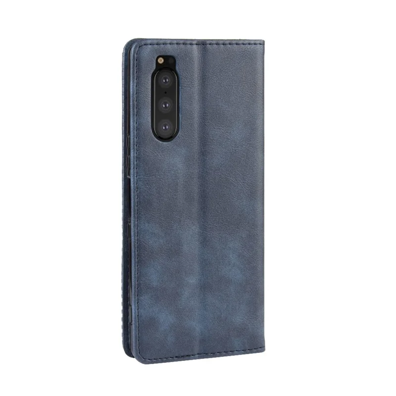 Automatycznie przyciągający retro futerał portfelowy ze stojakiem z korka dla Sony Xperia 5 - Niebieski