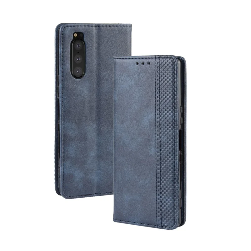 Automatycznie przyciągający retro futerał portfelowy ze stojakiem z korka dla Sony Xperia 5 - Niebieski